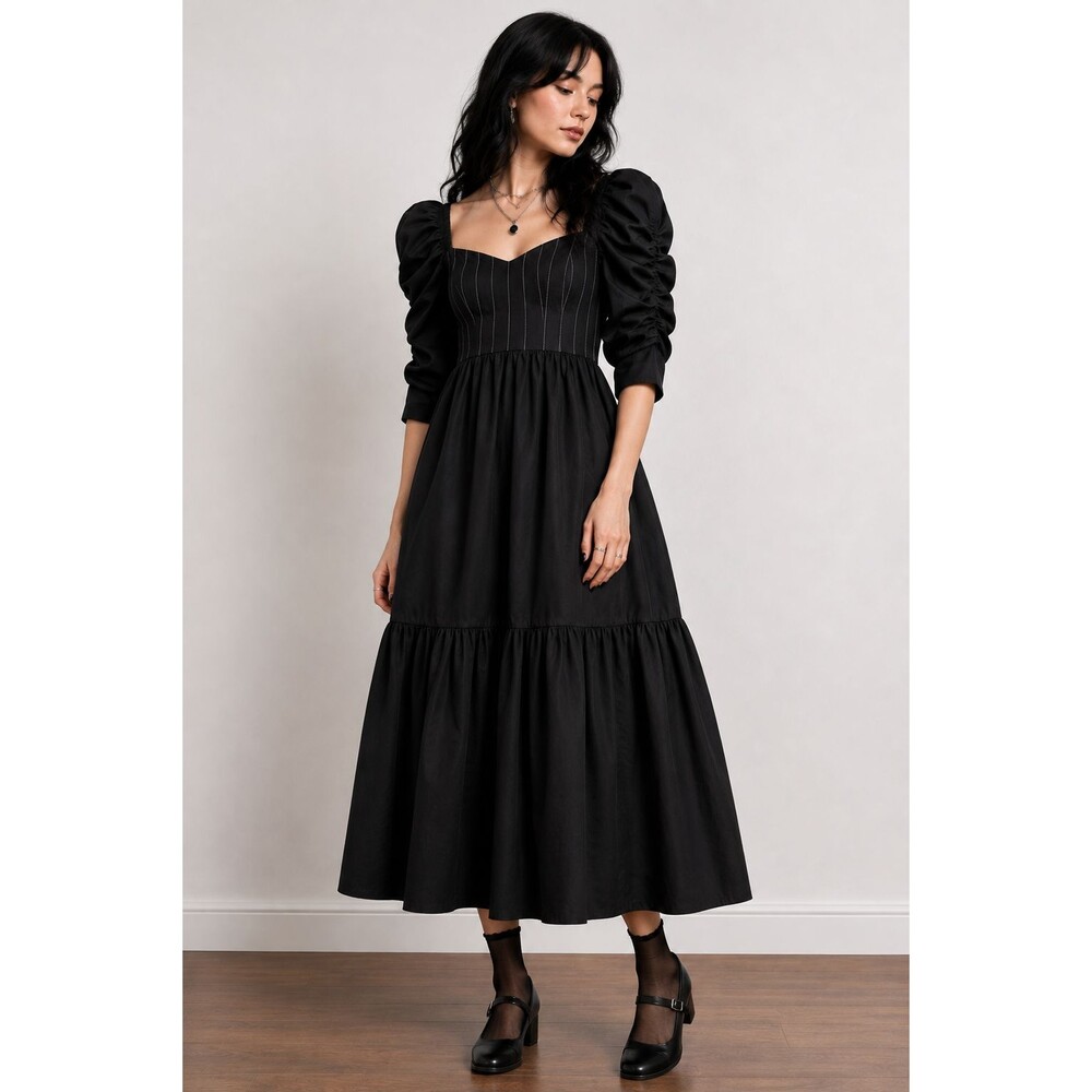 Topshop Black Empire Waist Maxi Dress US 6 Puff Ruched Sleeve Witchy Romantic